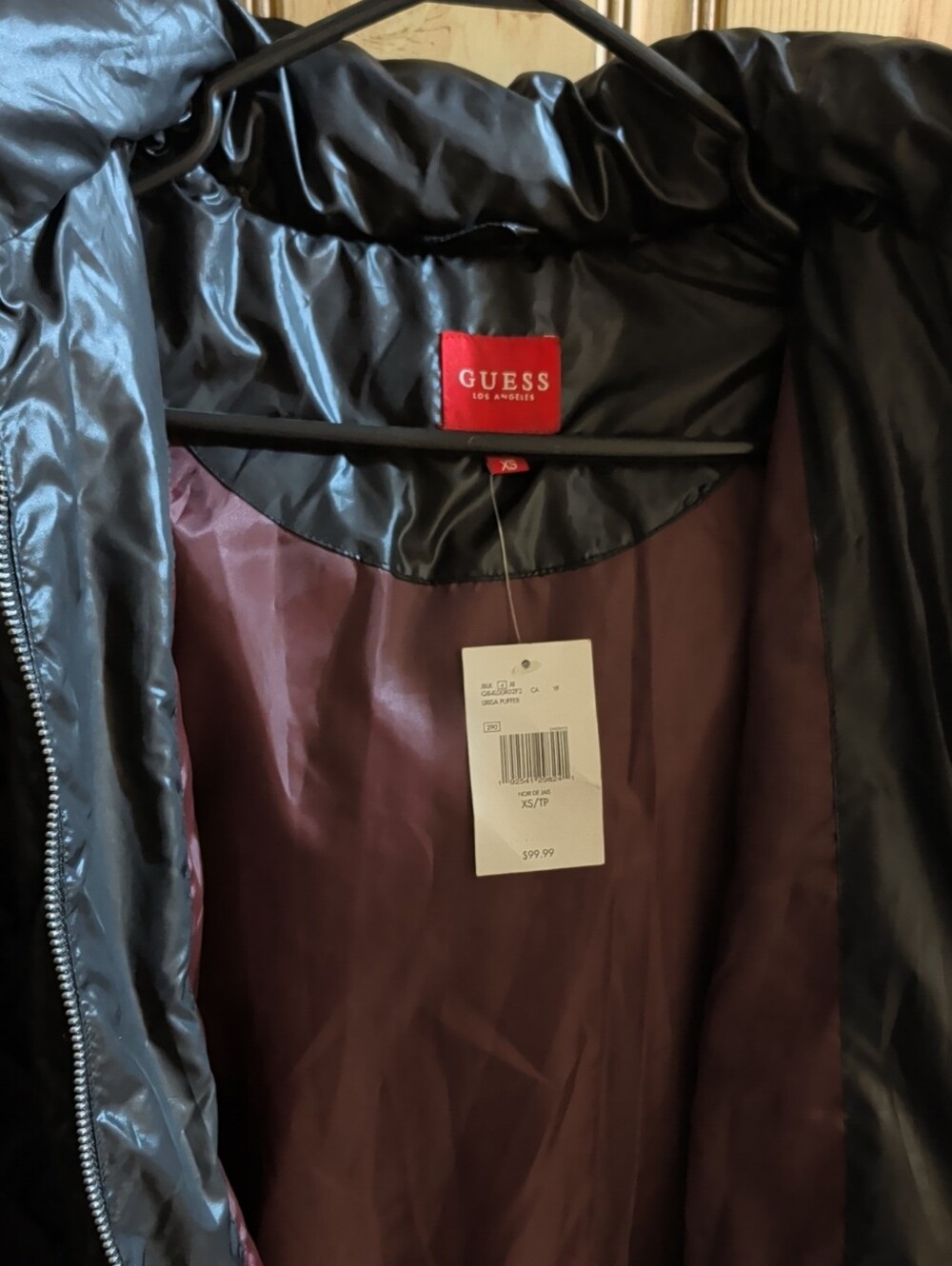 GUESS Black Puffer Jacket with Burgundy Lining